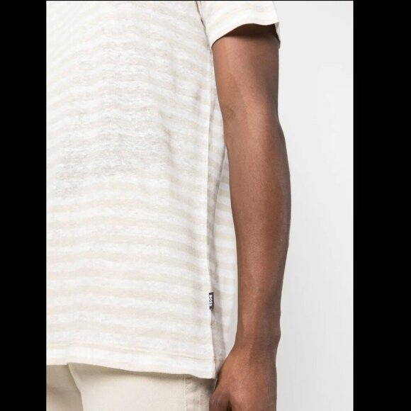 Hugo Boss Tiburt Stripe Linen T-shirt 100% Linen, Open White Size M - Picture 3 of 11